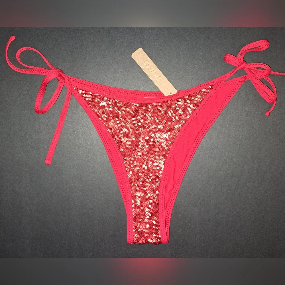 💕NWT SKIMS Swim Bikini Bar Tie Bottoms Swimsuit Swim Suit Red Sequin BRICK S